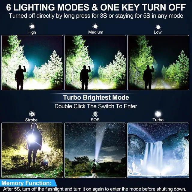 Alt view image 3 of 7 - Rechargeable Flashlights 20 000 High Lumens 1500M Long Throw Super Bright LED Small Powerful Tactical Flashlight with Memory Function 6Modes Pocket Waterproof Flash Light for Camping Emergency