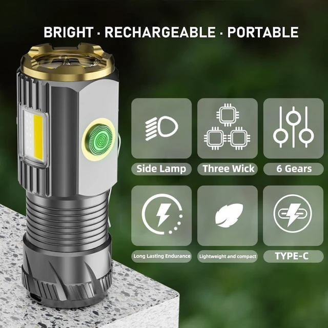Alt view image 2 of 6 - Rechargeable Mini LED Flashlight 9000 Lumens Ultra-Bright with Clip & Magnet, IPX6 Waterproof, 6 Modes for Camping, Hiking & Emergency (2-Piece Set)