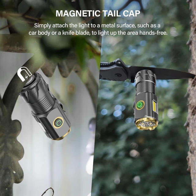 Alt view image 3 of 6 - Rechargeable Mini LED Flashlight 9000 Lumens Ultra-Bright with Clip & Magnet, IPX6 Waterproof, 6 Modes for Camping, Hiking & Emergency (2-Piece Set)