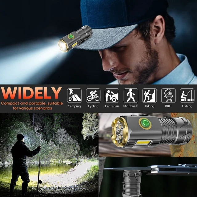 Alt view image 4 of 6 - Rechargeable Mini LED Flashlight 9000 Lumens Ultra-Bright with Clip & Magnet, IPX6 Waterproof, 6 Modes for Camping, Hiking & Emergency (2-Piece Set)