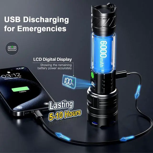 Alt view image 5 of 7 - Rechargeable Flashlights 1000000 High Lumens Single One Mode Super Bright High Powered LED Flashlight USB C High Beam 3280 ft Long Lasting Powerful Heavy Duty Strong Flash Light For Security Hiking