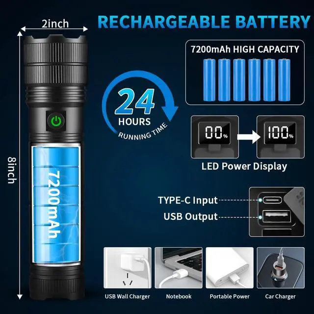 Alt view image 4 of 6 - Large Size & High Powered Flashlight Flashlights High Lumens 1000000 Super Bright Flashlight Rechargeable Flashlights LED Adjustable Tactical Flashlight Waterproof Flash Light for Home Emergency