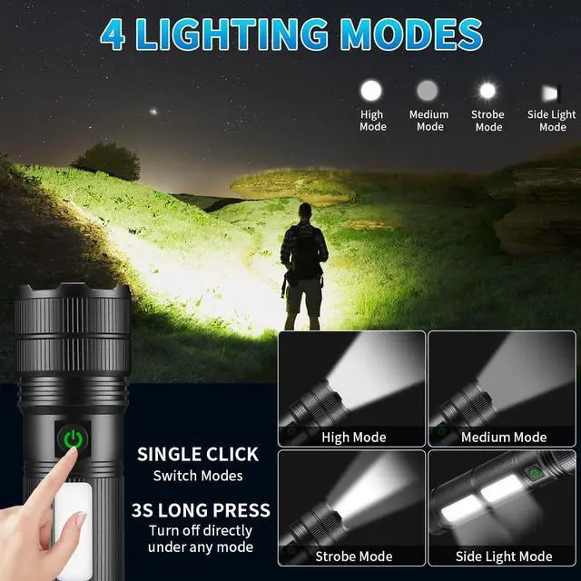 Alt view image 2 of 6 - Large Size & High Powered Flashlight Flashlights High Lumens 1000000 Super Bright Flashlight Rechargeable Flashlights LED Adjustable Tactical Flashlight Waterproof Flash Light for Home Emergency