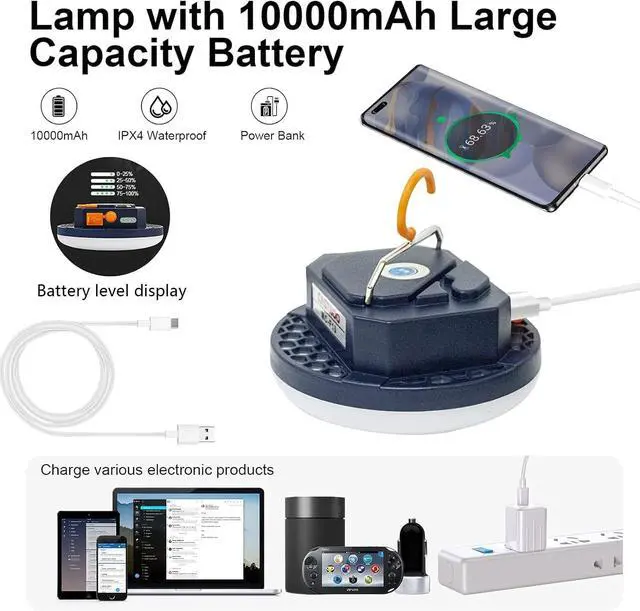 Alt view image 3 of 6 - 10000mAh 4000LM Flashlight Portable LED Camping Lantern Rechargeable Light 30W with Magnet  IPX4 Waterproof Tent Light Power Failure Emergency Survival Kits Snowstorm Christmas Day Gift