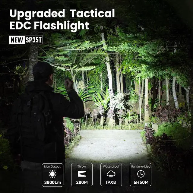 Alt view image 2 of 7 - SP35T Tactical Flashlight 3800 Lumens Super Bright Pocket LED Flashlight Rechargeable with Dual Switch IPX8 Water Resistance EDC Flashlight for Camping Hiking Emergency
