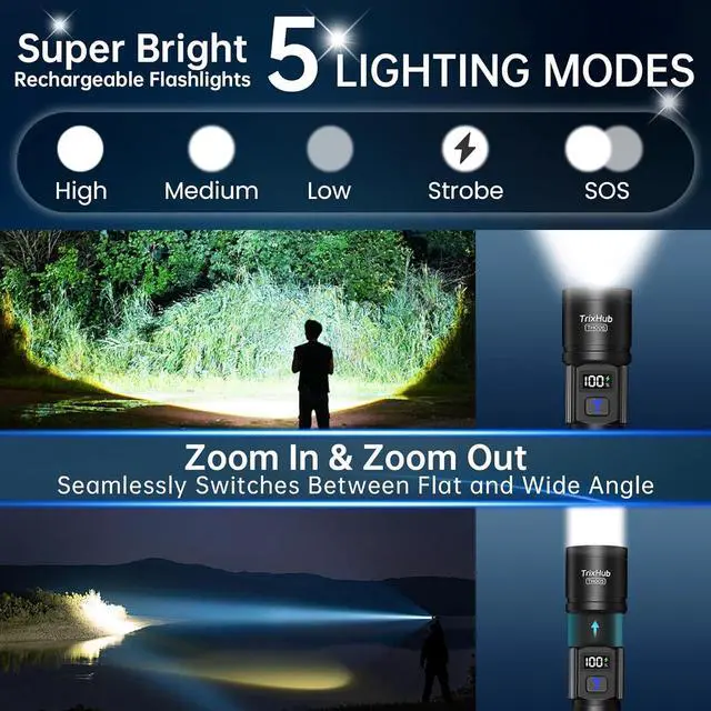 Alt view image 3 of 7 - Rechargeable Flashlights High Lumens 950 000LM Super Bright Flash Light 5 Modes Zoomable Linternas with LCD Digital Display Powerful Handheld LED Flashlights for Emergencies Camping