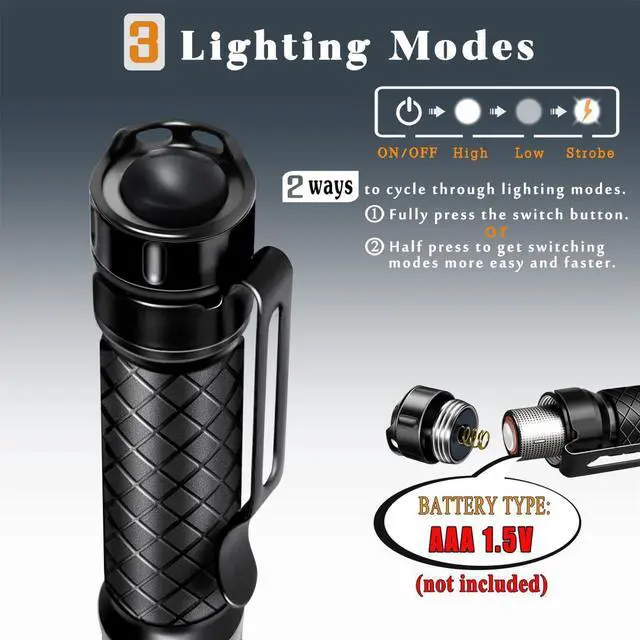 Alt view image 3 of 7 - Mini Flashlight 3 Modes Small Flashlights LED Powerful High Lumens Tactical Pen Light with Clip Slim Portable Pocket Compact Torch for Emergency Inspection AAA Battery Water-Resistant(3.4 & 5.2 inch)
