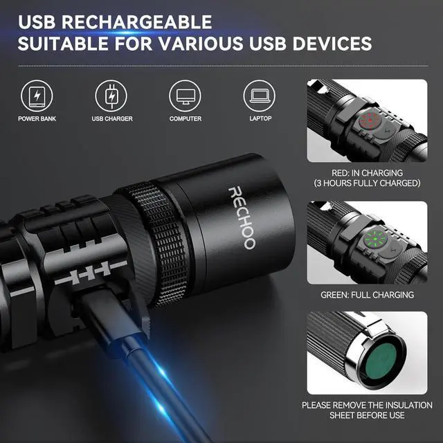Alt view image 3 of 7 - Rechargeable Flashlights High Lumens Double Switch S3000L LED Flashlight Super Bright 5 Modes Zoomable Waterproof EDC Flashlights for Home Emergncies Camping(Battery Included)