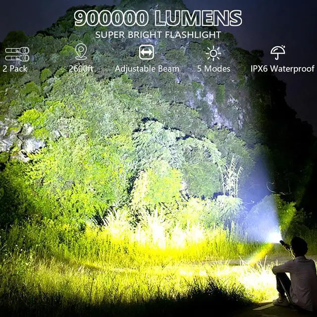 Alt view image 2 of 7 - High Lumens Rechargeable Flashlight 2 Pack 990000 Lumen Super Bright Flashlights for Home 5 Modes IPX6 Waterproof Slip Resistant