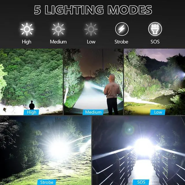 Alt view image 4 of 7 - High Lumens Rechargeable Flashlight 2 Pack 990000 Lumen Super Bright Flashlights for Home 5 Modes IPX6 Waterproof Slip Resistant