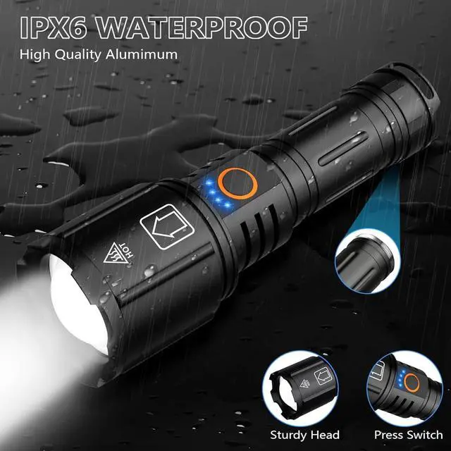 Alt view image 6 of 7 - High Lumens Rechargeable Flashlight 2 Pack 990000 Lumen Super Bright Flashlights for Home 5 Modes IPX6 Waterproof Slip Resistant