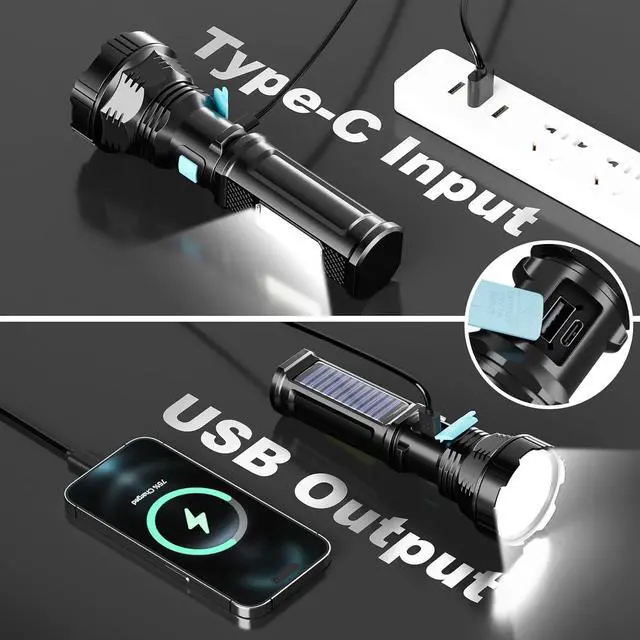 Alt view image 4 of 7 - Solar/Rechargeable LED Flashlight 4 Modes Multi Function Flashlights High Lumens with 2000 mAh Battery Emergency Strobe Light Waterproof Fast USB Charging for Home Emergencies Camping