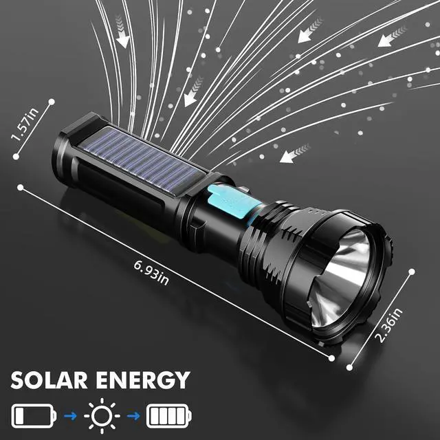 Alt view image 5 of 7 - Solar/Rechargeable LED Flashlight 4 Modes Multi Function Flashlights High Lumens with 2000 mAh Battery Emergency Strobe Light Waterproof Fast USB Charging for Home Emergencies Camping
