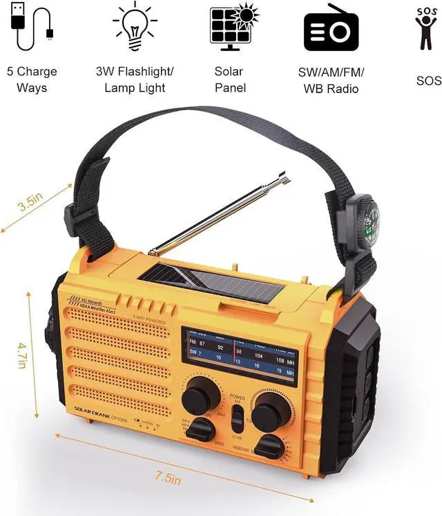 Alt view image 6 of 7 - Weather Radio 5000mAh/18500mWh NOAA Weather Radio Solar Hand Crank Emergency Radio with AM/FM/SW/NOAA Weather Alert Flashlight Reading Lamp Cell Phone Charger and SOS Siren