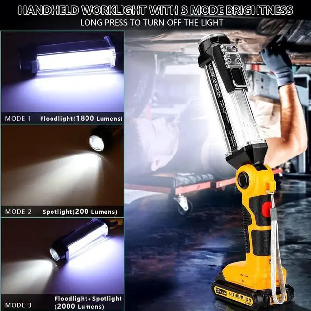Alt view image 3 of 7 - Flashlight for Dewalt 20v Battery 35w 2000LM Portable Light with 3 Modes Lighting USB-A Charging Port Hook for Car Repairing Garage Jobsite Power Outages