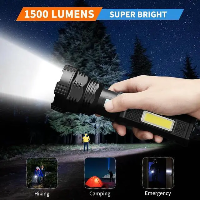 Alt view image 2 of 7 - Led Solar Flashlight 1500 Lumens Led Solar Handheld Rechargeable Flashlights with IP65 Waterproof 2000mAh Battery for Survival Emergencies Camping (2 Packs)