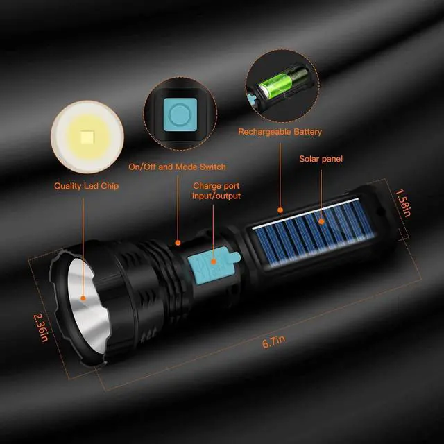 Alt view image 3 of 7 - Led Solar Flashlight 1500 Lumens Led Solar Handheld Rechargeable Flashlights with IP65 Waterproof 2000mAh Battery for Survival Emergencies Camping (2 Packs)