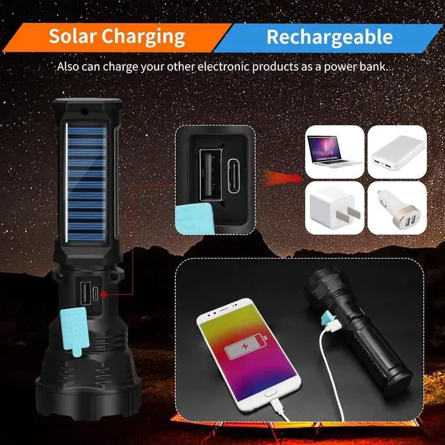 Alt view image 6 of 7 - Led Solar Flashlight 1500 Lumens Led Solar Handheld Rechargeable Flashlights with IP65 Waterproof 2000mAh Battery for Survival Emergencies Camping (2 Packs)
