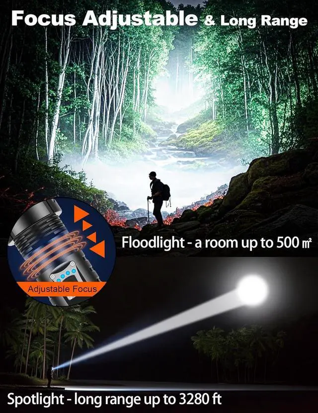 Alt view image 3 of 6 - Rechargeable Flashlights High Lumens 1000000 Super Bright Long Range 3280FT Long Lasting 15H Powerful USB C LED Strong Flash Light High Powered Heavy Duty Zoomable for Home Camping Gift
