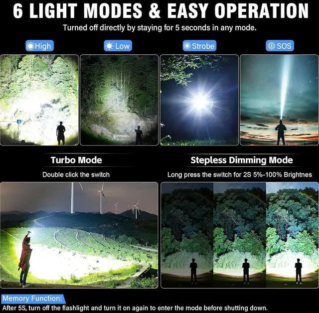 Alt view image 3 of 7 - LED Flashlight High Powered 50000 Lumens Super Bright Tactical Flashlight Rechargeable Flashlights High Lumens 6 Modes Zoomable Waterproof Flash Lights for Emergency Camping Hiking