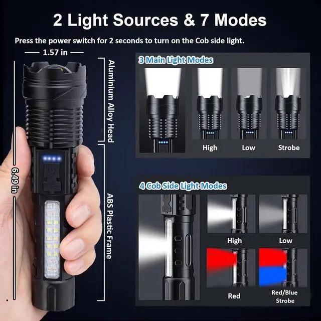 Alt view image 3 of 6 - Flashlights High Lumens Rechargeable 2 PCS 1 000 000 Lumens Led Tactical Flashlight Battery Powered with 7 Light Modes Cob Side Light USB C Waterproof Zoomable Powerful Handheld Flash Lights