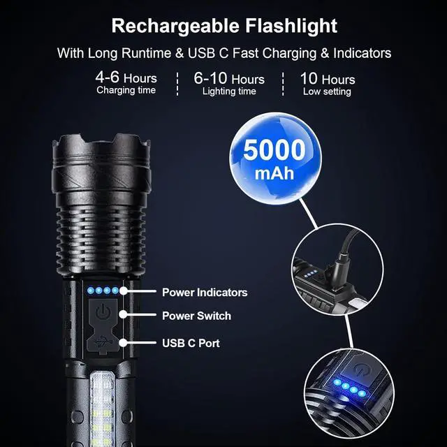 Alt view image 4 of 6 - Flashlights High Lumens Rechargeable 2 PCS 1 000 000 Lumens Led Tactical Flashlight Battery Powered with 7 Light Modes Cob Side Light USB C Waterproof Zoomable Powerful Handheld Flash Lights