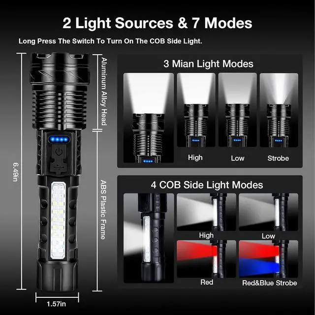 Alt view image 3 of 7 - Flashlight High Lumens Rechargeable 2 Packs 1 000 000 Lumens Super Bright LED Battery Powerful Handheld Flashlights with 7 Modes COB Side Light USB C Zoomable Waterproof for Emergencies