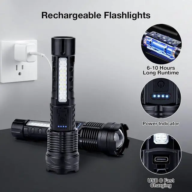 Alt view image 4 of 7 - Flashlight High Lumens Rechargeable 2 Packs 1 000 000 Lumens Super Bright LED Battery Powerful Handheld Flashlights with 7 Modes COB Side Light USB C Zoomable Waterproof for Emergencies