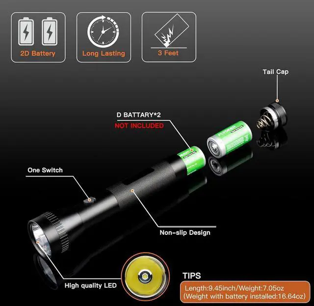 Alt view image 3 of 7 - 2D Cell Battery Big Flashlights Single Mode High Lumens Aluminum Heavy Duty Large Flashlight for Home Emergency Power Outage Outdoor Activities