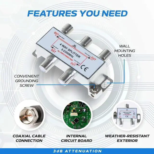 Alt view image 3 of 7 - 4 Way Bi-Directional 5-2300 MHz Indoor and Outdoor Waterproof Coaxial Antenna Splitter for RG6 RG59 Coax Cable Satellite HDTV (4 Ports)