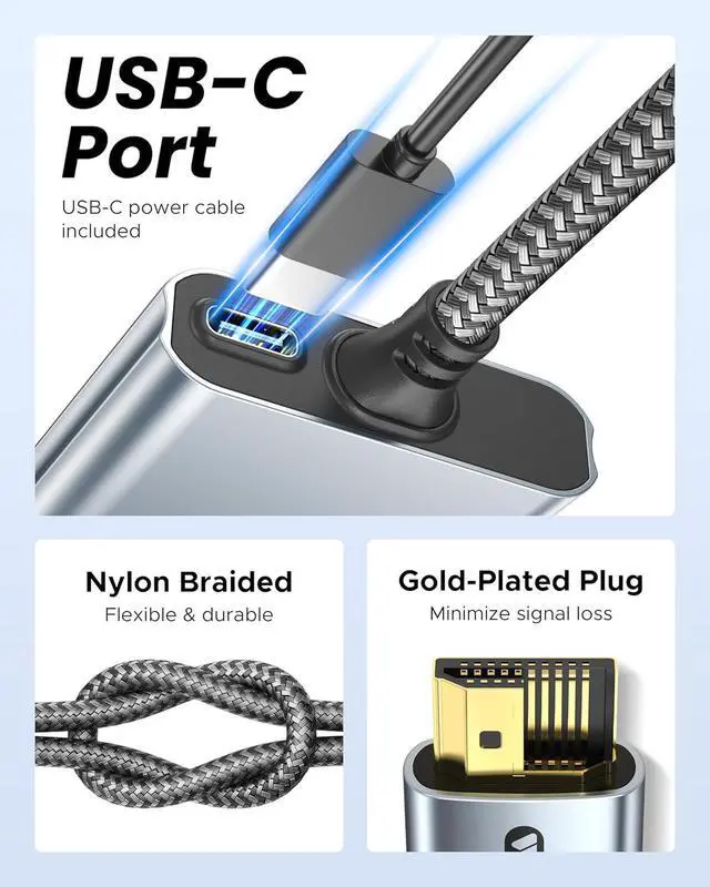 Alt view image 5 of 7 - HDMI Splitter 4K 1x2 HDMI Display Duplicate/Mirror (Not Extend Different Display) HDMI Splitter 1 in 2 Out [Metal Shell 3.3 Ft Braided HDMI Cable] USB-C Powered Splitter Grey-4K UHD