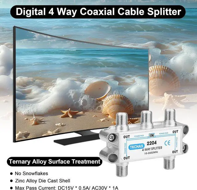 Alt view image 3 of 7 - 4 Way Coaxial Cable Splitter Support 10-2602MHz RG6 Compatible Nickel-Plated for Cable Splitter Work with CATV Satellite TV Antenna System and MoCA Configurations