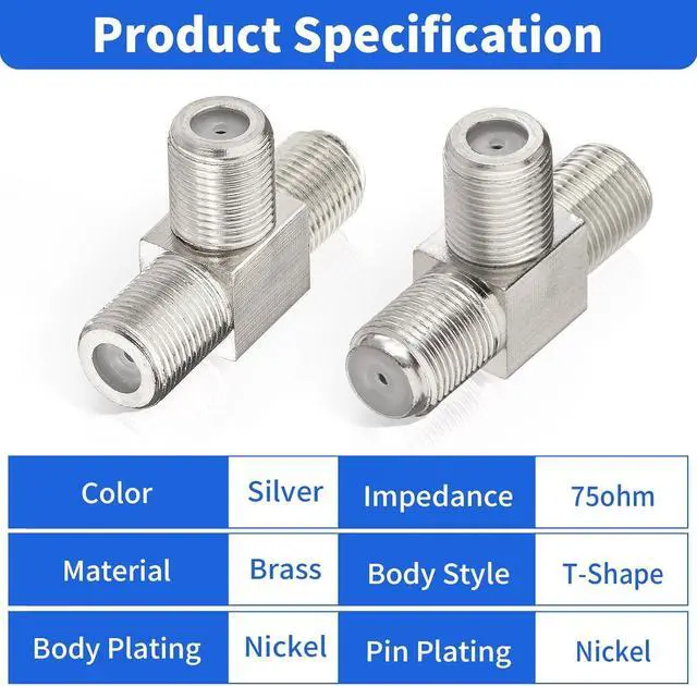Alt view image 2 of 6 - wlaniot F Type Splitter 3 Way F-Type Female to 2 Female Coaxial Connector Adapter T-Shape for TV Video VCR Antenna TV Cable Satellite Tuner Antenna 2pcs