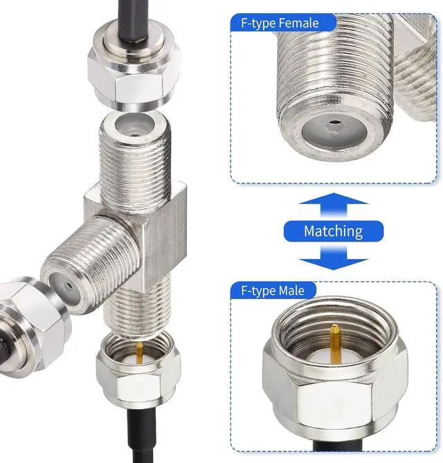 Alt view image 3 of 6 - wlaniot F Type Splitter 3 Way F-Type Female to 2 Female Coaxial Connector Adapter T-Shape for TV Video VCR Antenna TV Cable Satellite Tuner Antenna 2pcs