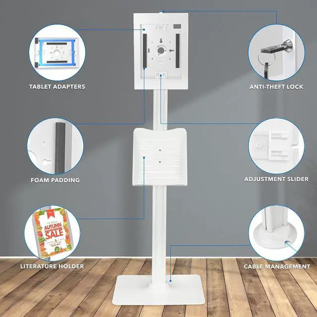Alt view image 4 of 7 - Anti-Theft Floor Stand Compatible with iPad Contact-Less Kiosk with Universal Enclosure for iPads Adjustable Locking Secure Tablet Mount for iPad Gen 7 to 10 iPad Pro iPad Air White