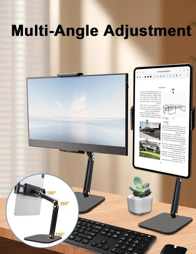 Alt view image 2 of 6 - Tablet Stand for iPad Aluminum Multi-Angle Adjustable Tablet Holder Heavy-Duty Metal Base for Desk Compatible with 5.1-13 iPad Pro Surface Kindle Tablets Portable Monitors and More