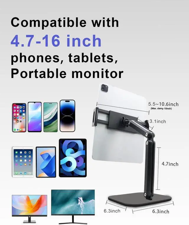 Alt view image 5 of 6 - Tablet Stand for iPad Aluminum Multi-Angle Adjustable Tablet Holder Heavy-Duty Metal Base for Desk Compatible with 5.1-13 iPad Pro Surface Kindle Tablets Portable Monitors and More