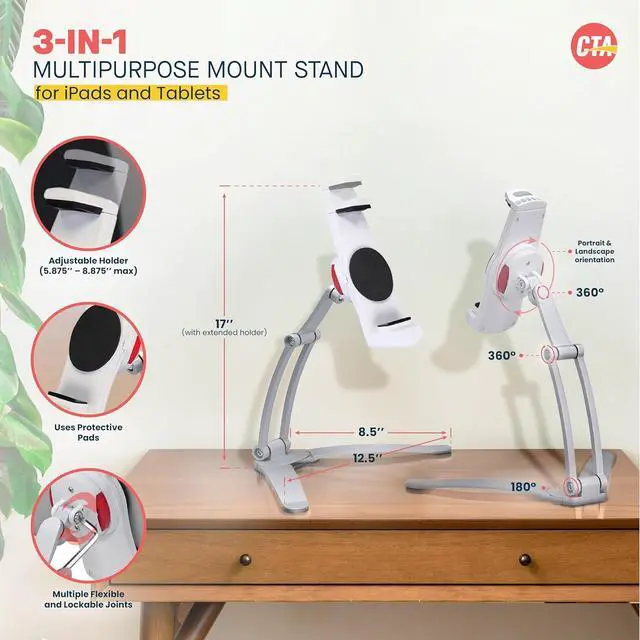 Alt view image 3 of 7 - 3-in-1 iPad Tablet Mount  CTA Multipurpose Universal Tablet Mount Holder for All iPad Tablets 7-13 - Made for Wall Mount - Under Cabinet & Desk Mount - Silver - (PAD-KMS)