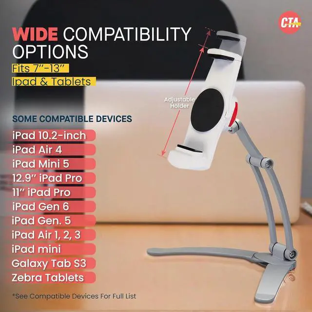 Alt view image 4 of 7 - 3-in-1 iPad Tablet Mount  CTA Multipurpose Universal Tablet Mount Holder for All iPad Tablets 7-13 - Made for Wall Mount - Under Cabinet & Desk Mount - Silver - (PAD-KMS)