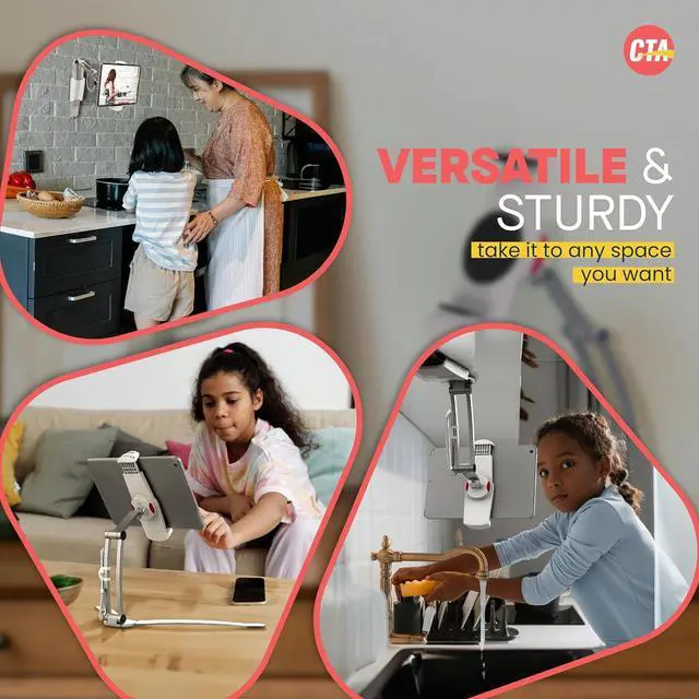 Alt view image 5 of 7 - 3-in-1 iPad Tablet Mount  CTA Multipurpose Universal Tablet Mount Holder for All iPad Tablets 7-13 - Made for Wall Mount - Under Cabinet & Desk Mount - Silver - (PAD-KMS)