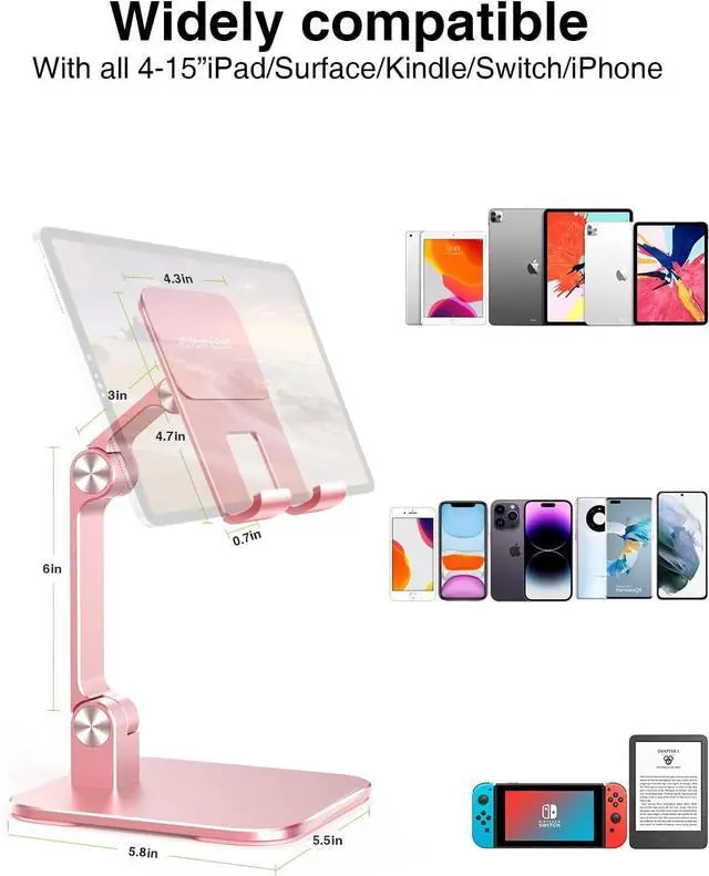 Alt view image 4 of 7 - Aluminum iPad Stand for Desk [Ultra-Stable & Sturdy] Height Adjustable Tablet Stand Portable Stand Holder Dock for Home Office Compatible with iPad Pro 12.9 iPad Air Mini 6 5 4 3 Pink