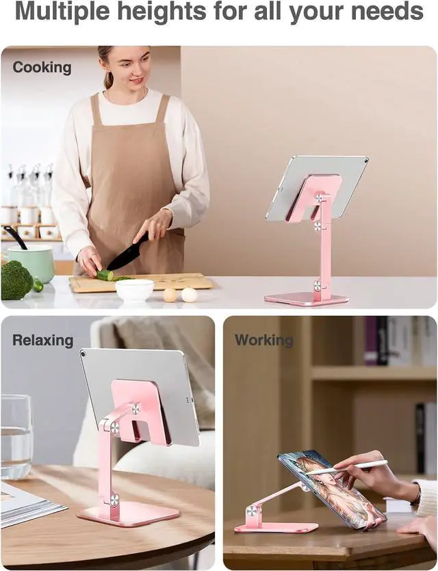 Alt view image 6 of 7 - Aluminum iPad Stand for Desk [Ultra-Stable & Sturdy] Height Adjustable Tablet Stand Portable Stand Holder Dock for Home Office Compatible with iPad Pro 12.9 iPad Air Mini 6 5 4 3 Pink