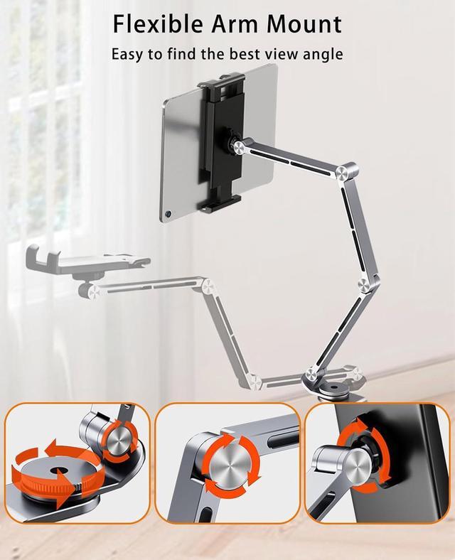 Alt view image 3 of 7 - iPad Mount for Desk Aluminum Alloy Tablet Stand Foldable Overhead Arm Holder Mount Fits for 4.7-15.6 Screen Phone Kindle Fire HD Monitor iPad Galaxy Tab Series (Gray)