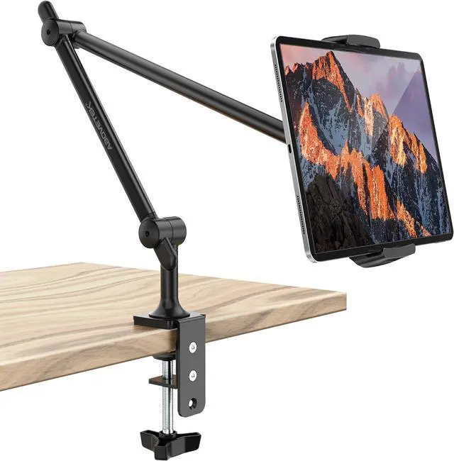 Main image of Tablet Stand Holder Aluminum iPad Holder for Desk & Bed Adjustable Arm Clamp Mount with 360° Rotation Overhead Compatible with 4.7-13.5 iPad Pro/Air/Mini iPhone Galaxy Tab- Black