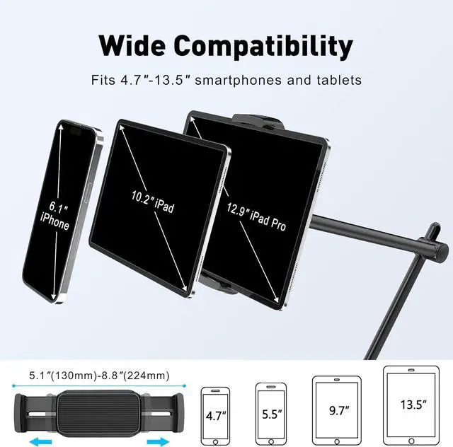 Alt view image 3 of 7 - Tablet Stand Holder Aluminum iPad Holder for Desk & Bed Adjustable Arm Clamp Mount with 360° Rotation Overhead Compatible with 4.7-13.5 iPad Pro/Air/Mini iPhone Galaxy Tab- Black