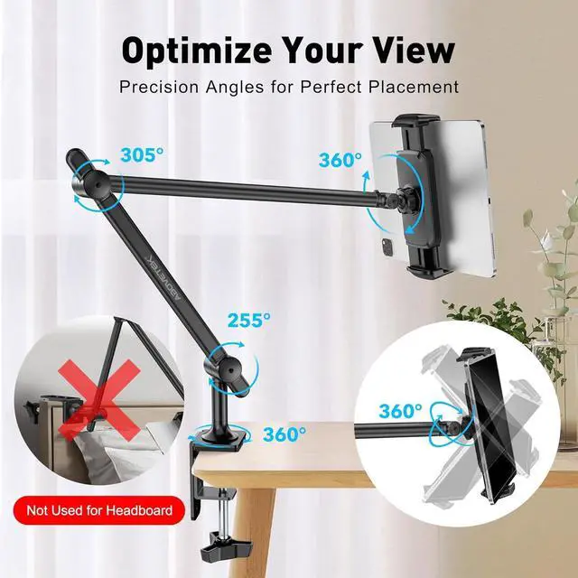 Alt view image 4 of 7 - Tablet Stand Holder Aluminum iPad Holder for Desk & Bed Adjustable Arm Clamp Mount with 360° Rotation Overhead Compatible with 4.7-13.5 iPad Pro/Air/Mini iPhone Galaxy Tab- Black