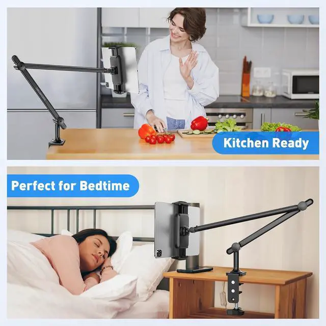 Alt view image 5 of 7 - Tablet Stand Holder Aluminum iPad Holder for Desk & Bed Adjustable Arm Clamp Mount with 360° Rotation Overhead Compatible with 4.7-13.5 iPad Pro/Air/Mini iPhone Galaxy Tab- Black