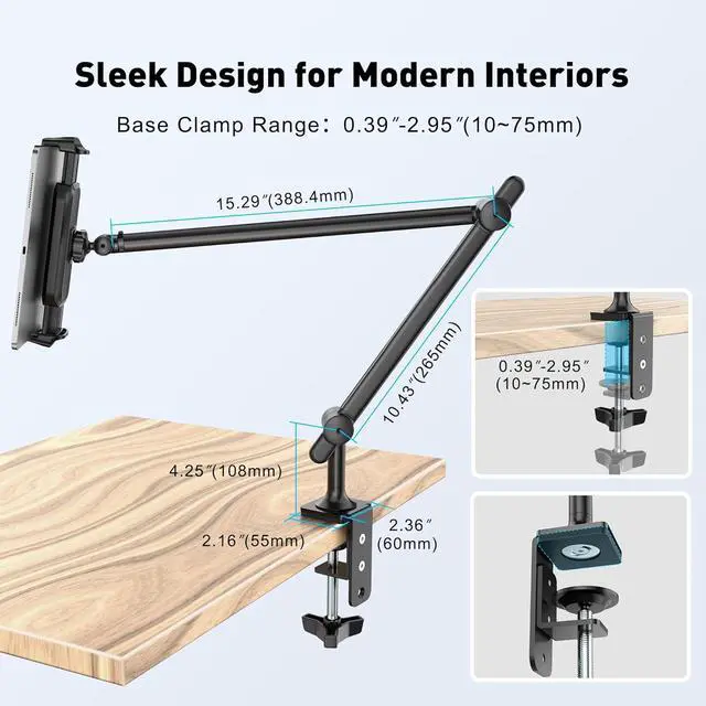 Alt view image 6 of 7 - Tablet Stand Holder Aluminum iPad Holder for Desk & Bed Adjustable Arm Clamp Mount with 360° Rotation Overhead Compatible with 4.7-13.5 iPad Pro/Air/Mini iPhone Galaxy Tab- Black