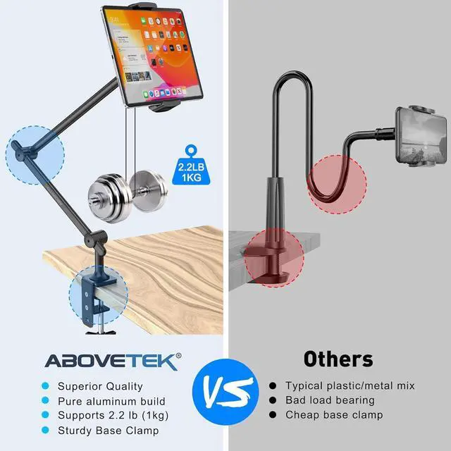 Alt view image 7 of 7 - Tablet Stand Holder Aluminum iPad Holder for Desk & Bed Adjustable Arm Clamp Mount with 360° Rotation Overhead Compatible with 4.7-13.5 iPad Pro/Air/Mini iPhone Galaxy Tab- Black