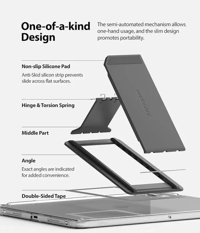Alt view image 4 of 7 - Outstanding Universal Tablet Stand Spring-Action Kickstand Multi Angle Adhesive Attachment for iPad Tablets E-Reader and More - Dark Gray